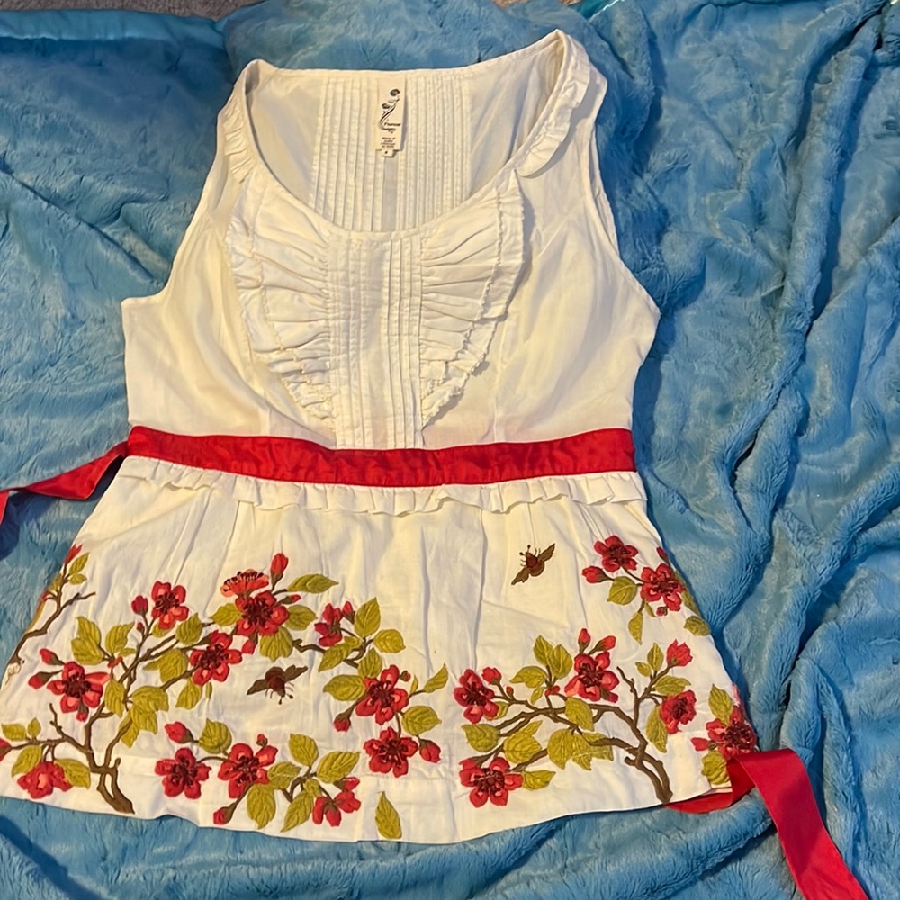 Anthro bees and flowers peplum top with embroidery and attached sash
